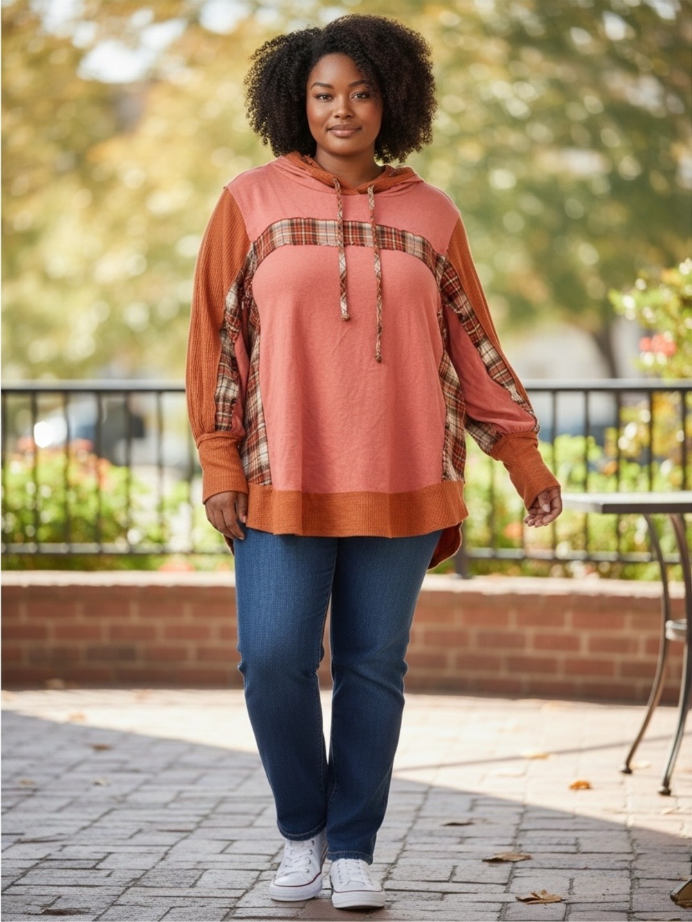 POL Plus-Size Rust Pink & Burnt Orange Plaid Hoodie